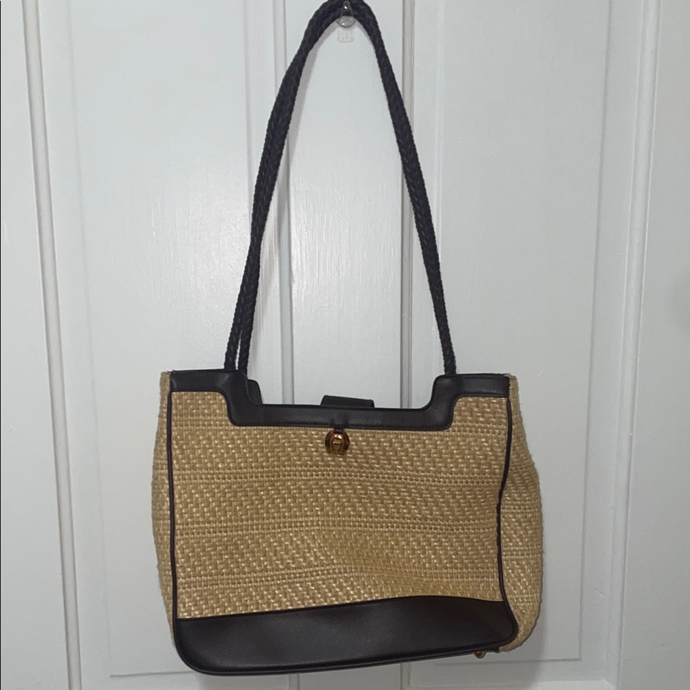 Etienne Aigner Woven Straw Tote Bag with Black Trim